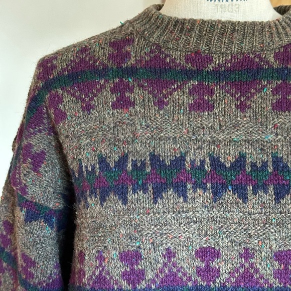 Vintage 90s Wool Oversized Grandpa Men's Sweater with Gray Purple Pattern A1 - Picture 5 of 10